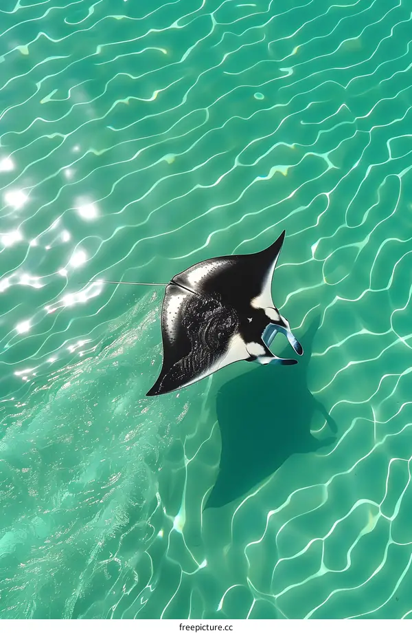 Spotted eagle ray swimming in turquoise water
