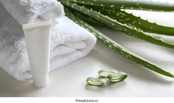 Aloe Vera Plant with White Towel and Cream Tube