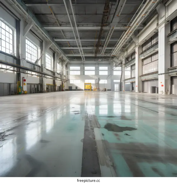 Large Empty Warehouse Interior with Concrete Floor and Windows