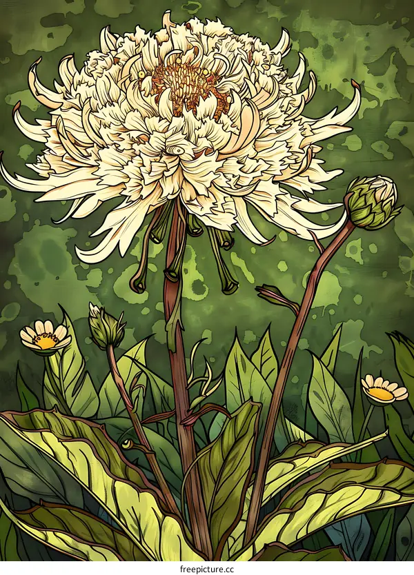White Chrysanthemum Flower Illustration With Green Leaves