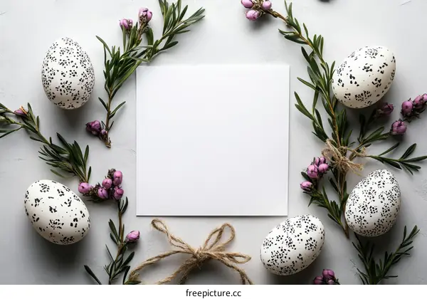Easter Decoration Blank Card Mockup with Eggs and Flowers