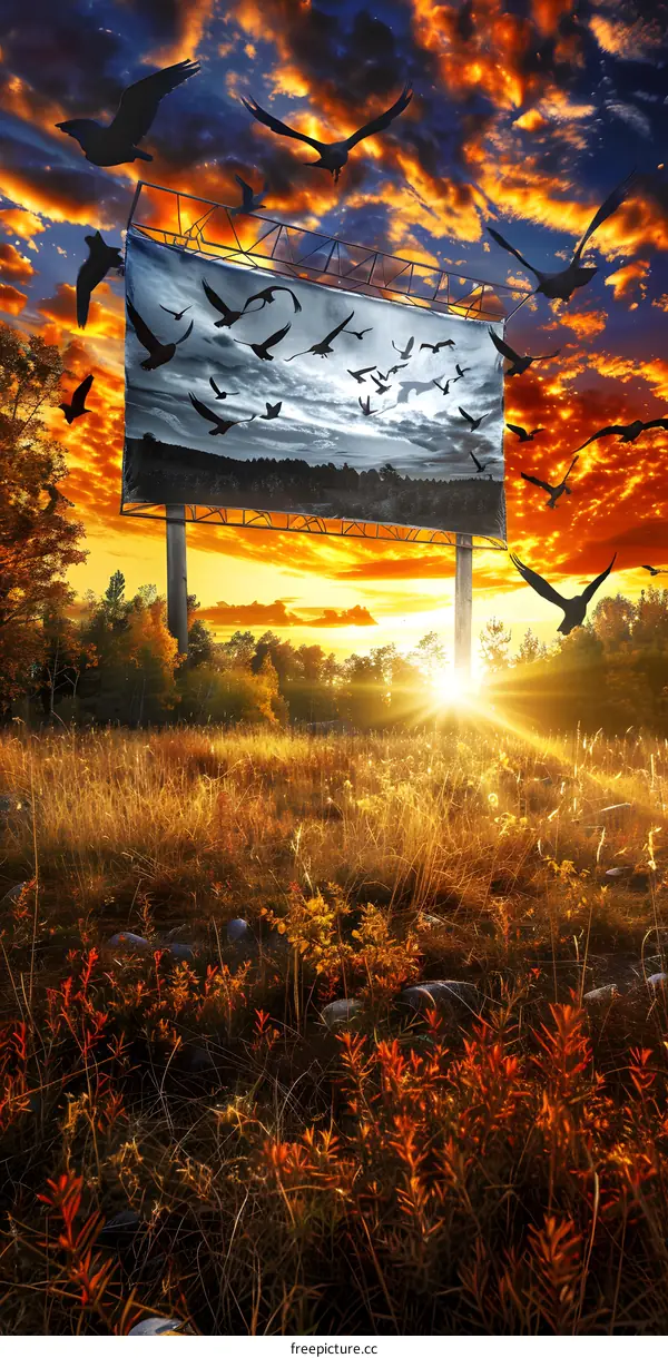 Silhouettes of Birds Flying Over a Billboard Against a Dramatic Sunset