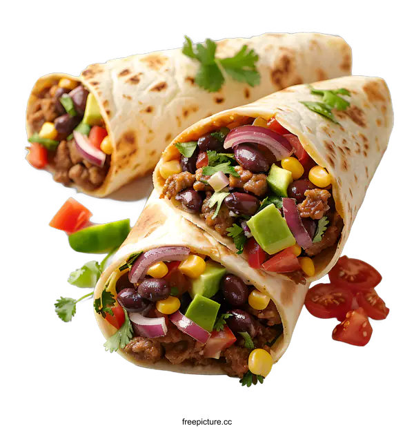 [Transparent Background PNG]Beef and bean burrito with fresh vegetables