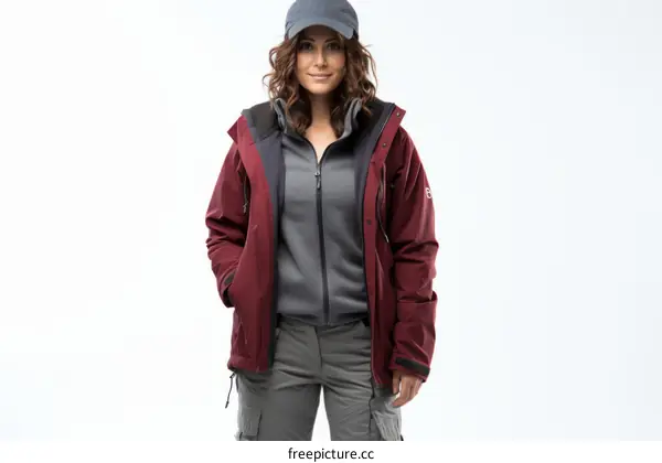 woman in red jacket and gray pants