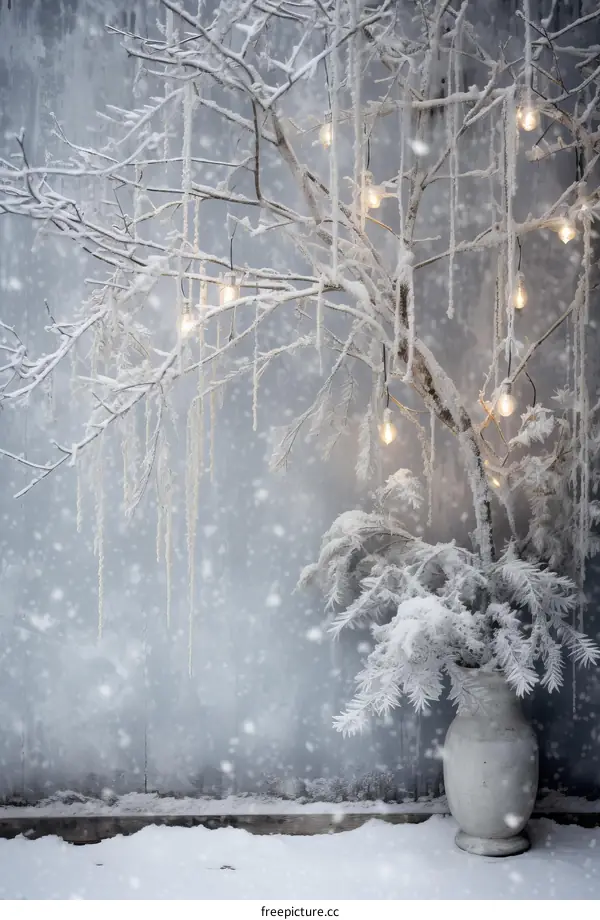 A winter wonderland of snow-covered trees and twinkling lights