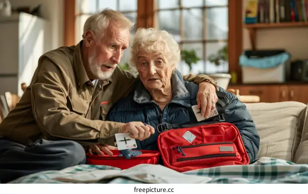 An elderly couple is looking at a first aid kit.