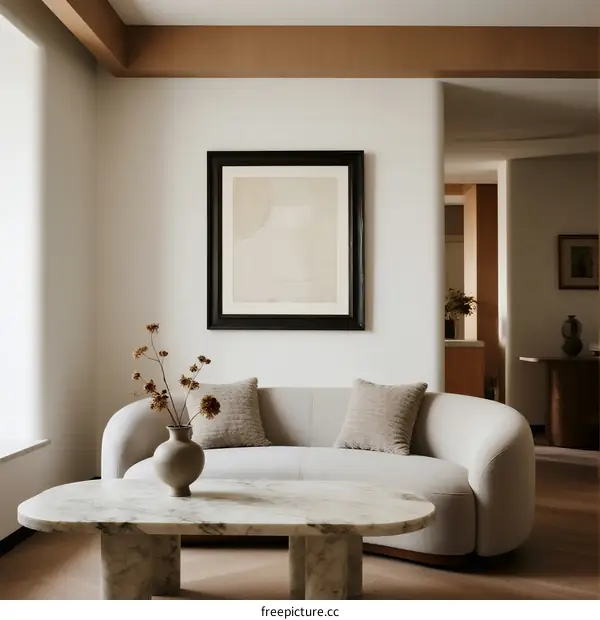 Modern living room with minimalist sofa and abstract wall art