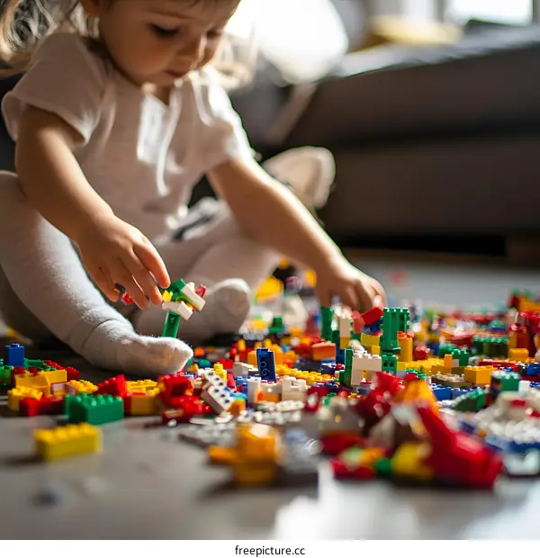 Little Girl Playing With Colorful Building Blocks
