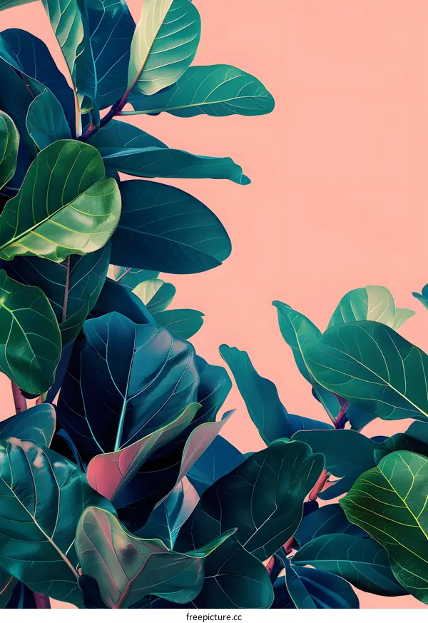 Green Tropical Leaves on Pink Background