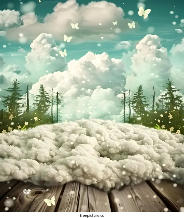 Fantasy Forest Sky with Clouds and Butterflies