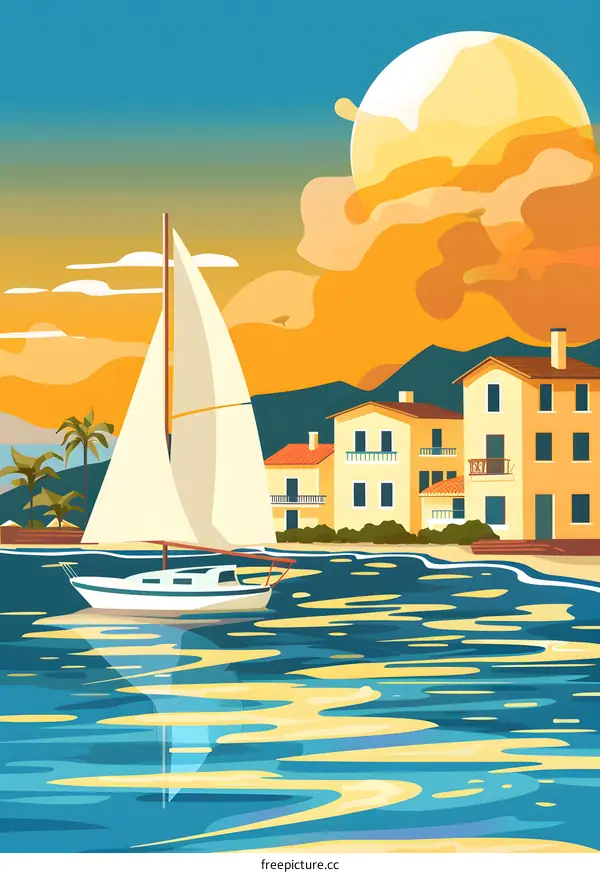 Sailboat at Sunset with Ocean and Coastal Houses
