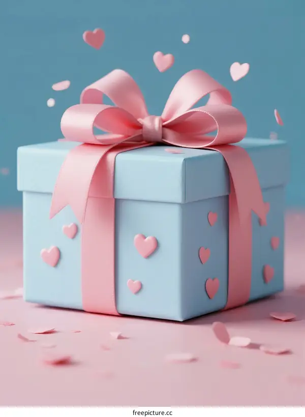 A Light Blue Gift Box with Pink Ribbon and Heart Decorations