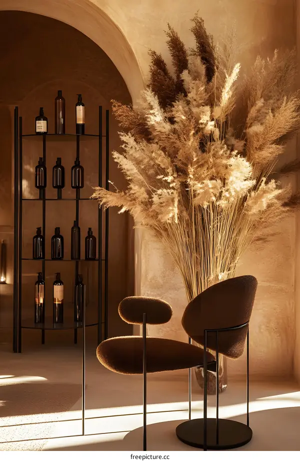 Modern Interior Design with Plush Chair and Dried Grass