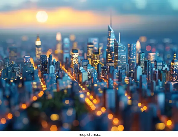 Cityscape at Dusk with Illuminated Buildings