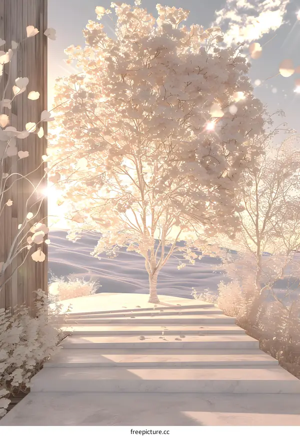 Snowy tree and white marble steps