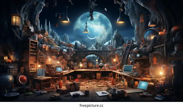 Fantasy Workshop Illustration with a Moonlit Sky