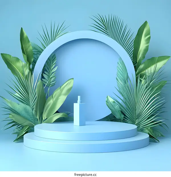 Tropical Leaves Background With Blue Circle And Podium