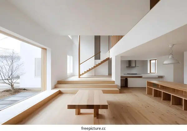 Modern Minimalist House Interior Design with Wooden Stairs and Table