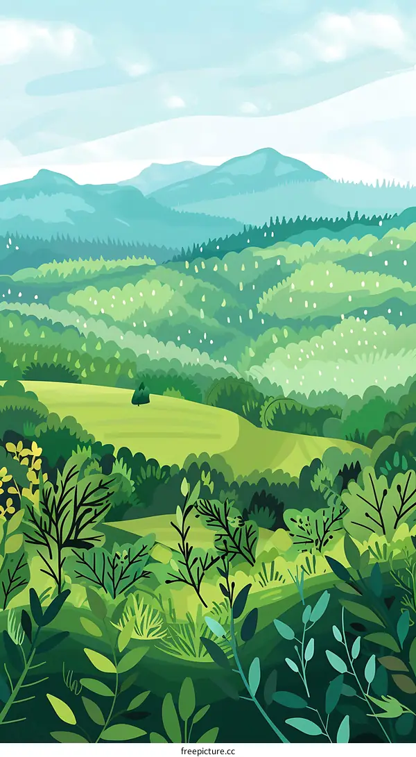 Green Hills Illustration, Mountain Landscape, Nature Illustration, Simple Landscape, Spring Landscape