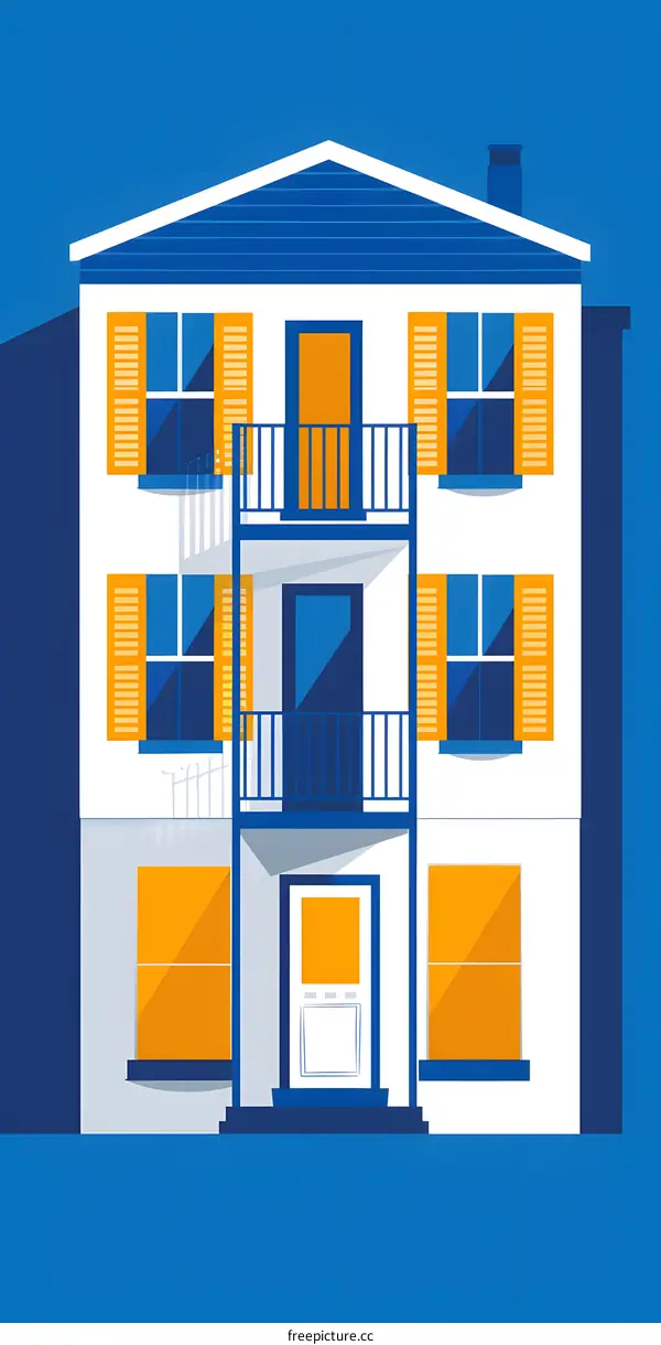 Blue and White House Illustration with Orange Shutters