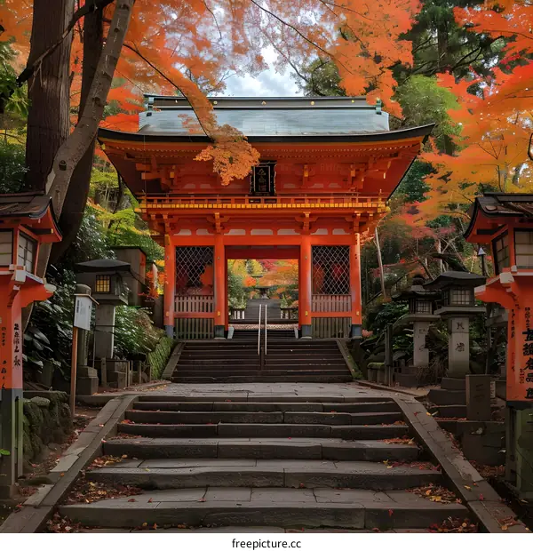 A photo of a torii gate in a forest