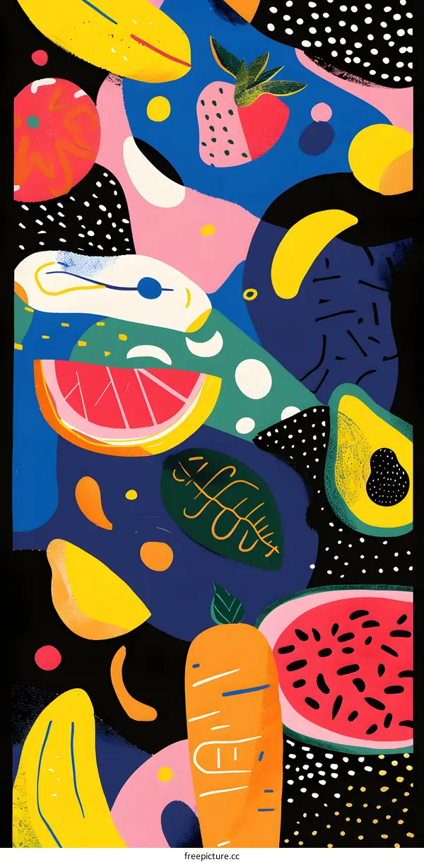 Abstract Fruit Illustration with Vibrant Colors and Patterns