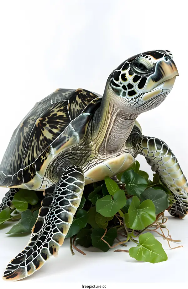 3D rendering of a green sea turtle on a bed of fake plants