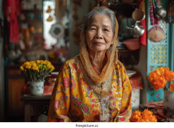 Portrait of an elderly Vietnamese woman in traditional clothing
