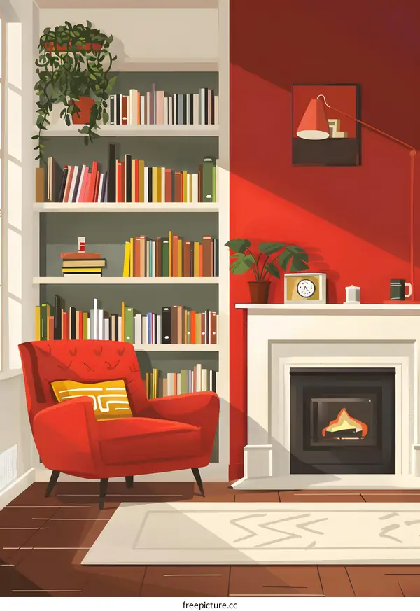 Cozy Living Room with Fireplace and Bookcase