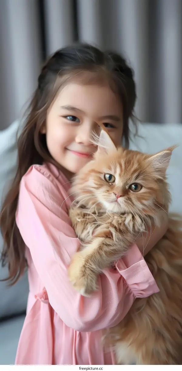 A girl hugging an orange cat