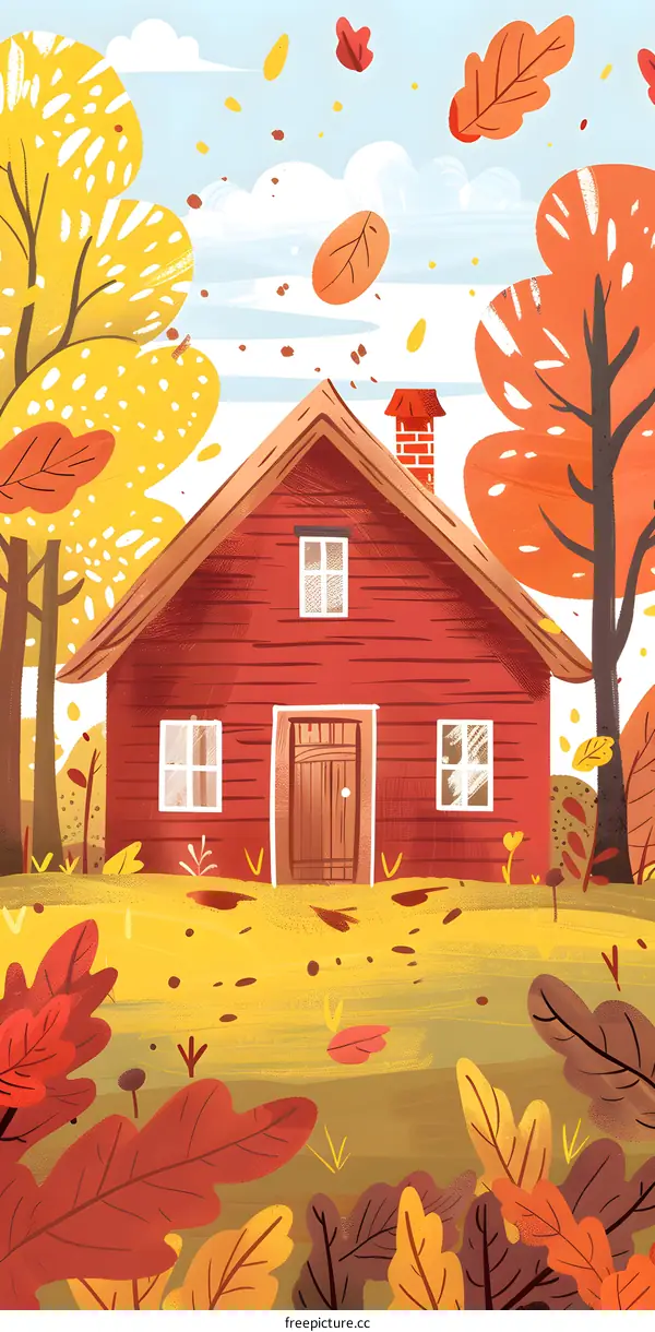 Autumn House Illustration With Yellow and Red Leaves