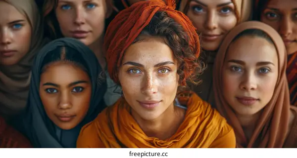 A group of diverse women of different ethnicities wearing traditional headscarves