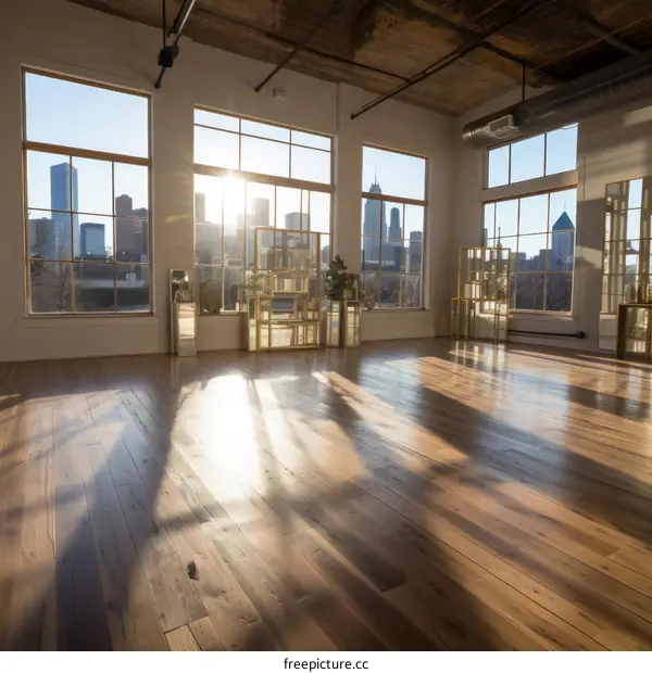 Large empty room with wooden floor and big windows