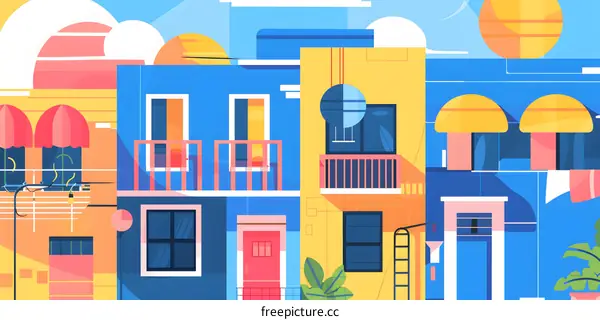 Colorful Illustration of a Cityscape with Buildings and Balconies