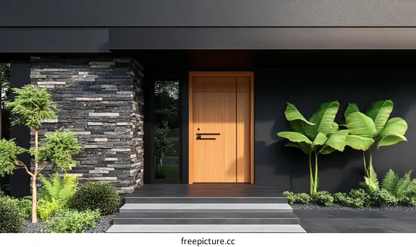 Modern Home Entrance with Wooden Door and Stone Wall