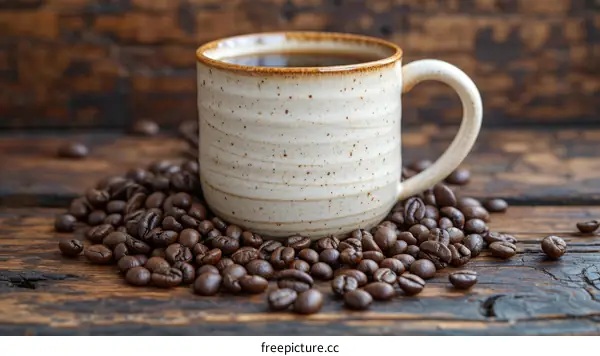 Ceramic cup of dark coffee and coffee beans on a wooden table