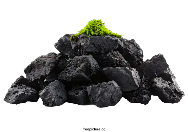 [Transparent Background PNG]Black Lava Rocks with Green Moss on Top