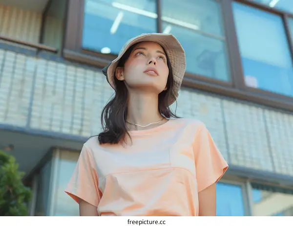 Asian Woman Looking Upward Urban Street Scene