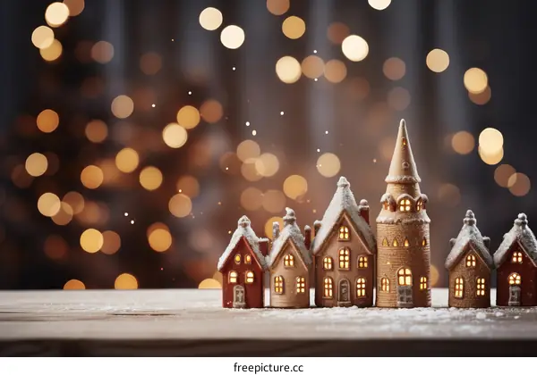 Ceramic houses with warm lights in the background