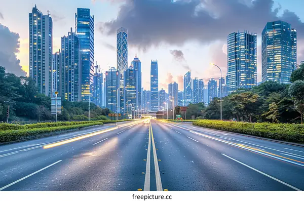 Empty highway and modern city skyline at dusk