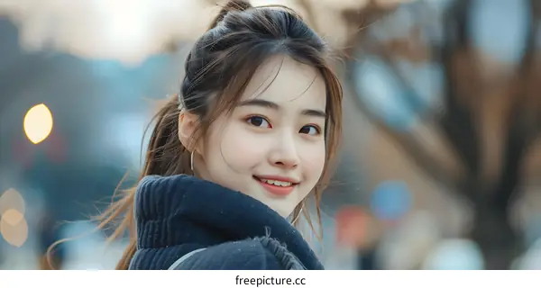 Smiling Asian Woman with Long Brown Hair in Winter