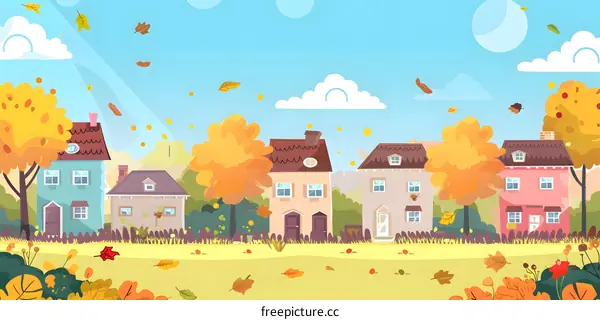 Autumn Landscape with Houses and Falling Leaves