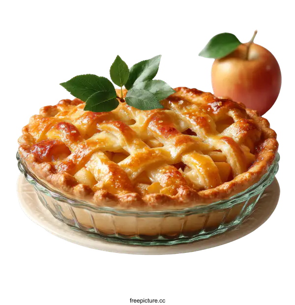 [Transparent Background PNG]Delicious Baked Apple Pie with Fresh Leaves