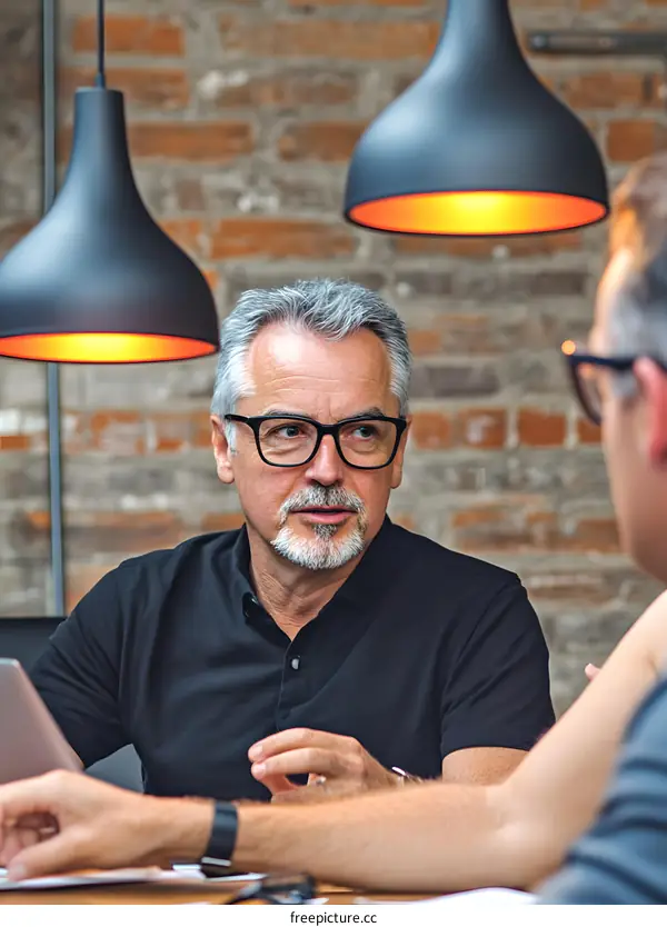 Man Wearing Glasses Sitting at a Table Looking at Another Man