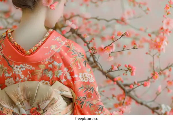 Woman Wearing a Traditional Japanese Kimono with Cherry Blossoms