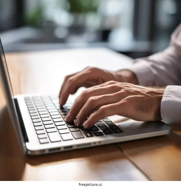 A man is typing on a laptop keyboard