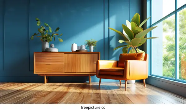 Blue room interior with brown wooden cabinet and orange armchair