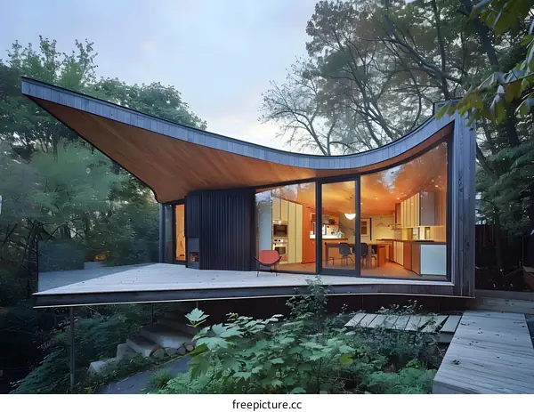 Modern Curved Roof House With Wooden Deck