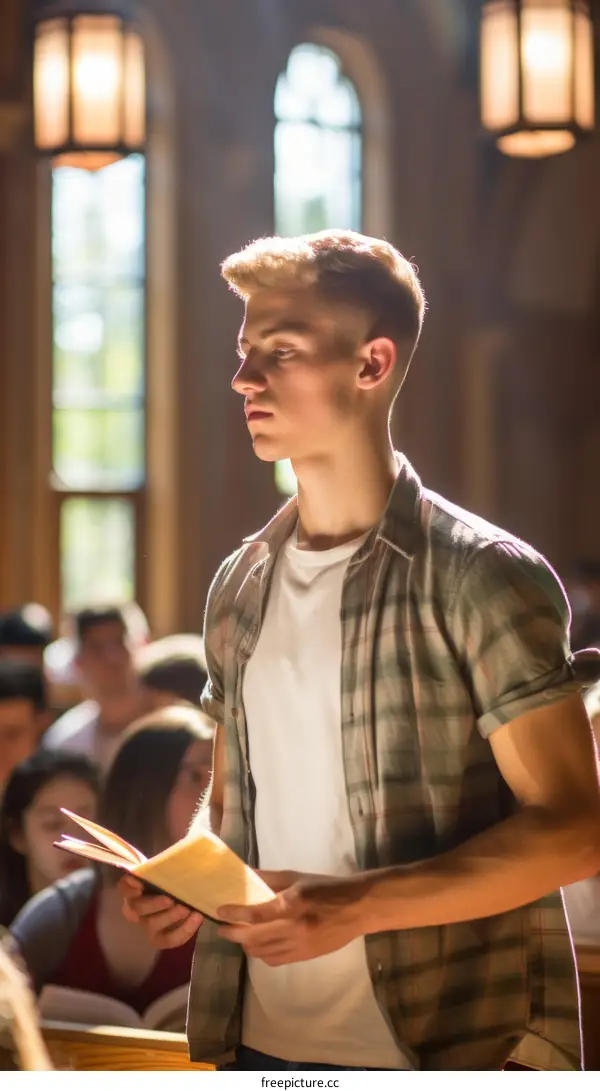 Young male student reading a book in a library