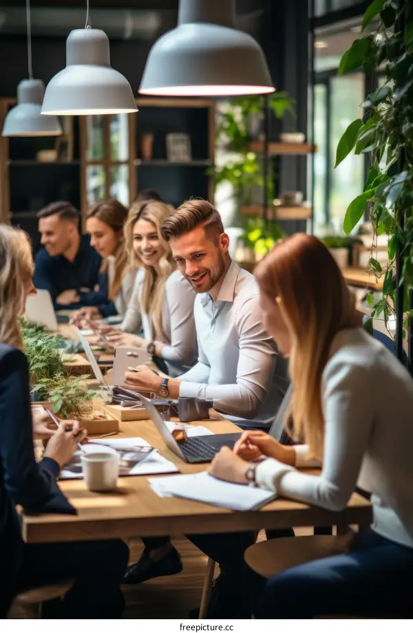 A group of people sitting around a table and talking